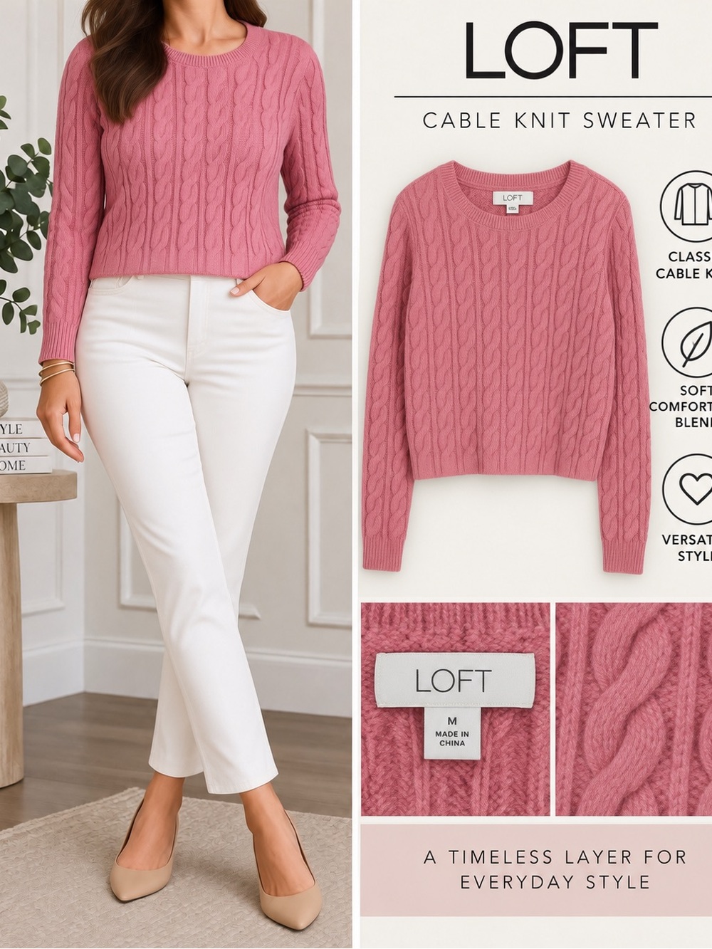 LOFT Womens Medium Pink Cable Knit Cropped Sweater Crew Neck Long Sleeve